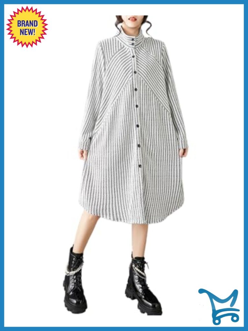 Oversized Striped Cotton Shirt Dress with Button Front